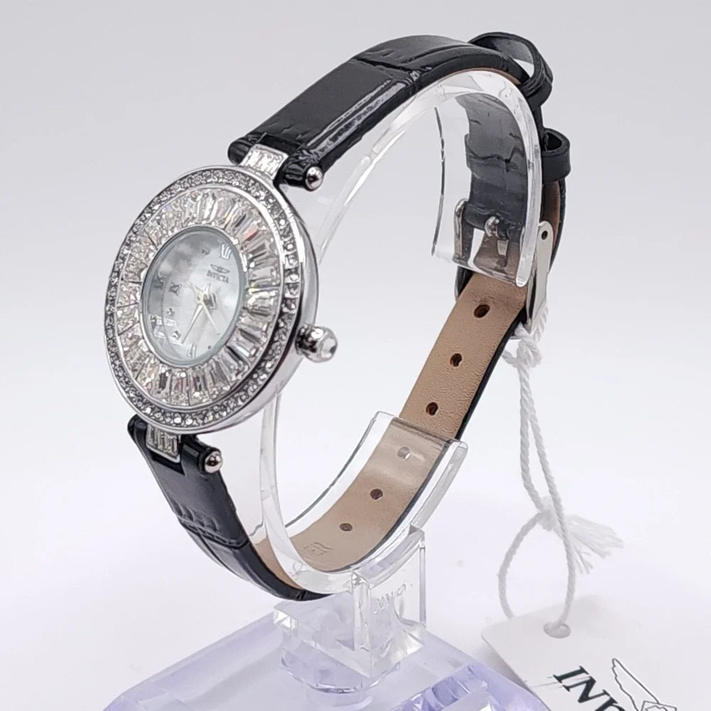Invicta Celestial 70351 Womens Watch Silver Crystal Black Leather 30mm NEW